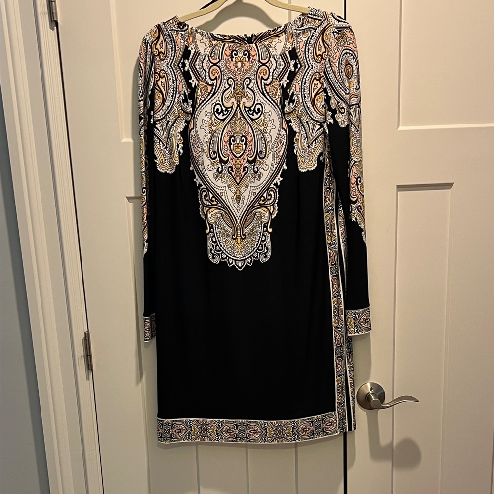 Donna Morgan Black and Gold Paisley Long Sleeve Dress